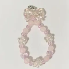 【ピンク】 ハンドメイド ビーズストラップ リボンモチーフ