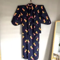 レトロな着物と羽織のアンサンブル　ウール？紺地に絣のような模様