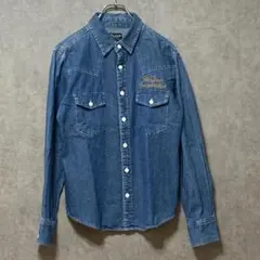 パンハード（M）デニムシャツ＊綿100％＊英字刺繍＊胸ポケット＊長袖＊ブルー