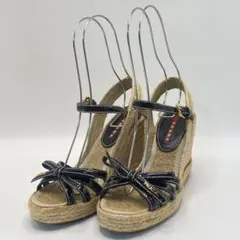 【美品】プラダ パテントレザー リボン サンダル 厚底 エスパドリーユ 36