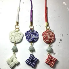 水引風車&梅結び　ストラップ　翡翠レプリカ×白、紫、赤　3個セット