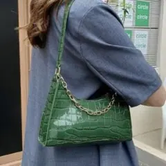 Y2K グリーン クロコダイル 型押し ショルダーバッグ ハンドバッグ チェーン