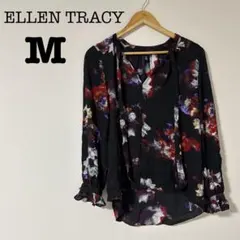 ELLEN TRACY 【M】フラワープリント長袖シャツ 花柄 ブラック 黒