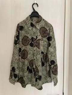 古着 ポリシャツ 総柄 パイソン柄 とろみ モノトーン 長袖 個性的 