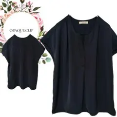 【オペークドットクリップ】Vネックプルオーバー半袖トップス【36】S♡ネイビー系