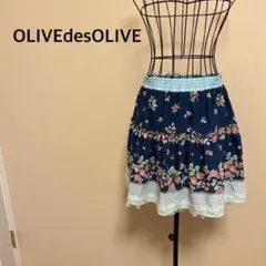 【OLIVEdesOLIVE】花柄ミニスカート/チェック/ フレア/ネイビー