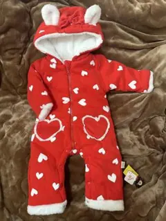 【新品未使用】耳付きハート柄モコモコロンパース ジャンプスーツ 80cm