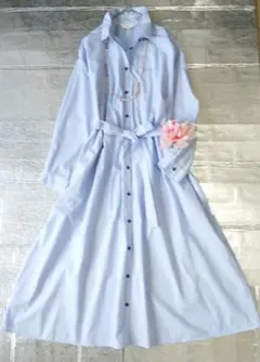 極美品✨アニエスベー　ゆったりシャツワンピース　ベルト　ロゴ　ストライプ　マキシ