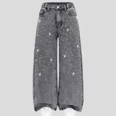 グレー ワイドデニムパンツ　ビジュー　ラインストーン