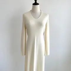 ベイジ/2/白/ニットワンピース/Vネック/長袖/秋冬/ロング丈/ウエストリボン