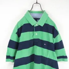 G7364*トミーヒルフィガー☆ボーダー柄☆半袖☆ポロシャツ☆緑紺☆XL