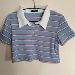 SHEIN 半袖ポロシャツ L 水色 ストライプ