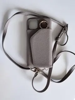 グレージュ合成皮革iPhone 11proケース ストラップ付き