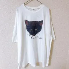 Tシャツ クルーネック 五分袖 猫 アニマル 3L 白色 ポリエステル ビッグ
