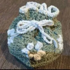 ハンドメイド 手編み 巾着ポーチ 花柄 くすみグリーン
