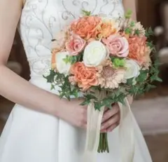 テラコッタとベージュのブーケ　アーティフィシャルフラワー　ブートニア付き　造花