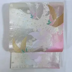 OF375 袋帯 白 ピンク 銀 花 鳥 鶴 振袖 成人式 訪問着 七五三