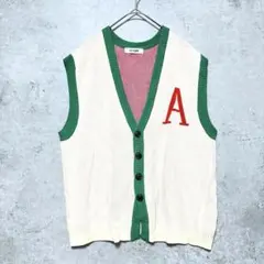 ヘユム♦︎配色ニットベスト アイボリー Vネック ロゴ レーヨン／Fのサムネイル