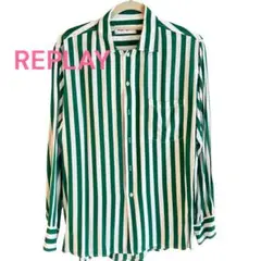 【極美品】REPLAY 緑✖️白のストライプ 長袖シャツ　XL