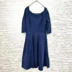 結婚式 二次会 ネイビー レース切替ワンピース S フォーマル　膝丈