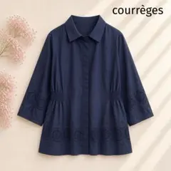 クレージュ】花柄刺繍 シャーリング ロングシャツ チュニック 40 紺 