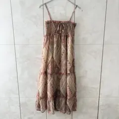 ペイズリー柄　キャミワンピース ミディ丈 ティアード　　透け感ありL