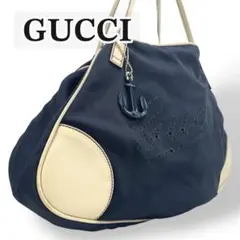 【美品】GUCCI マリンライン　トートバッグ　ネイビー　キャンバス　チャーム付のサムネイル