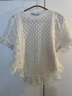 ザラZARA未使用半袖フリルニット透け感ありオフ白