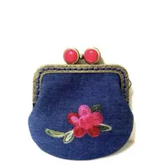 ネイビー/花刺繍のがま口(ローズピンクマーブル玉付)
