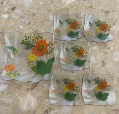 【お値下げ】昭和レトロ ガラスデザート皿セット 角皿 花柄