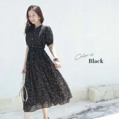 ミルクティー　マタニティ　シフォンブラウスワンピース　ブラック　花柄　半袖のサムネイル