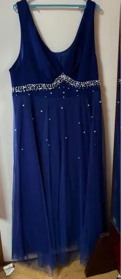 青色装飾スリーブレスドレスパールつき