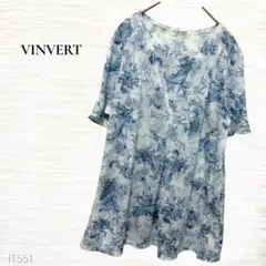 ヴァンベール/花柄Tシャツカットソー/9号/シアー/ホワイト/ブルー/ゆったりのサムネイル