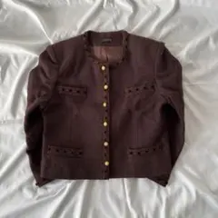 ツイード ノーカラージャケット ブラウン系