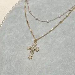 ゴールドカラーホワイトパールビーズクロスチャーム十字架ロザリオ2連ネックレス