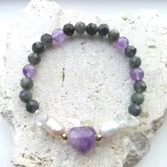 不安を和らげる☆アメジスト×ラブラドライト×水晶×パールブレスレット
