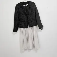 カラーMIXツィードノーカラージャケットプリーツ切り替えシフォンワンピ2点セット
