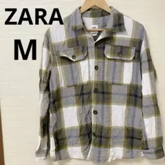ZARA（M）リラックスフィット チェック柄ネルシャツ 白黄青 ユニセックス