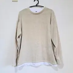 ベージュ コーデュロイ　長袖カットソー Mサイズ　重ね着風
