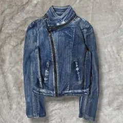 Multi-Zip Distressed Denim Biker Jacket