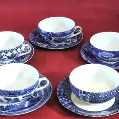 前畑陶器　染付　白磁薄手　絵変わり　カップ＆ソーサー　5客セット　美品✨️