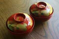 デッドストック！上質溜塗に優美な松葉蒔絵の映えるお椀2点（検輪島塗雑煮椀 デッドストック！上質溜塗に優美な松葉蒔絵の映えるお椀2点（検