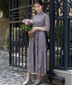 GIRL ハイネック5分袖総レース ブルーグレー パーティードレス Sサイズ