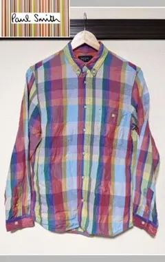 【Paul Smith】ボタンダウンシャツ/長袖/チェック/リネン/ロゴ/美品