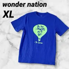 wonder nation【XL】メンズブルー半袖 Tシャツセンタープリント入り