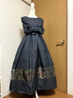 着物リメイク♪ 大島紬　パッチワンピース　MーL 総裏地付♪ 盛り袖　リボン♪