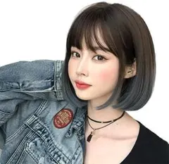 ウィッグ セミロング 黒 フルウィッグ ボブ グラデーション ブルー かつら