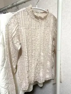 レース フリル ネック 長袖 トップス ベージュ ブラウン 秋服 冬服 インナー