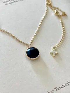 No.422＊ブラックオニキスとパールクローバーの18kgp天然石ネックレス