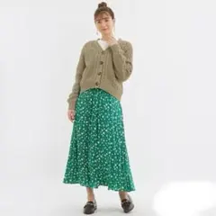 GUジーユー/プリーツロングスカート(フラワー) グリーン 花柄 S